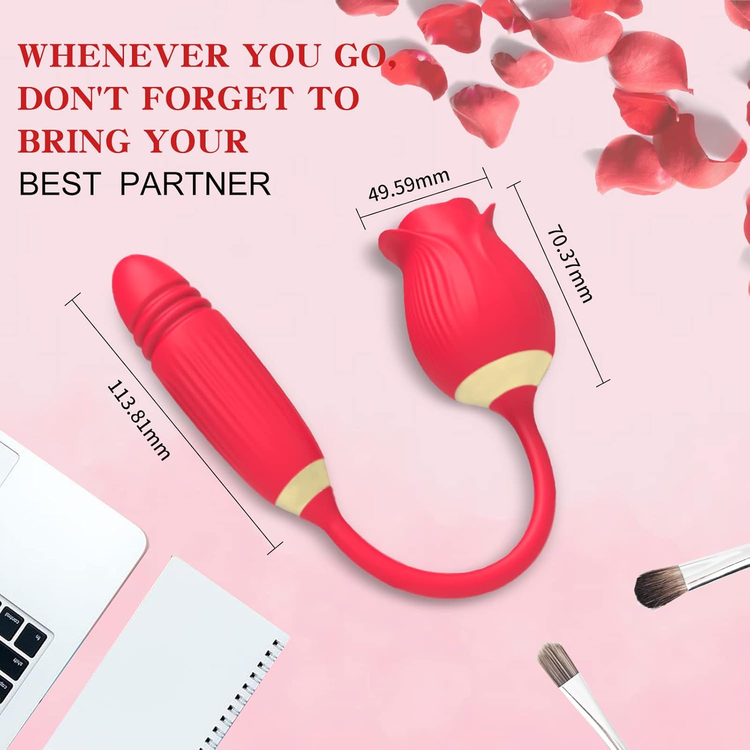 Rose 2in1 Rechargable Vibrators Sucking and Thrusting Up Down Dildo For Women - Image 6