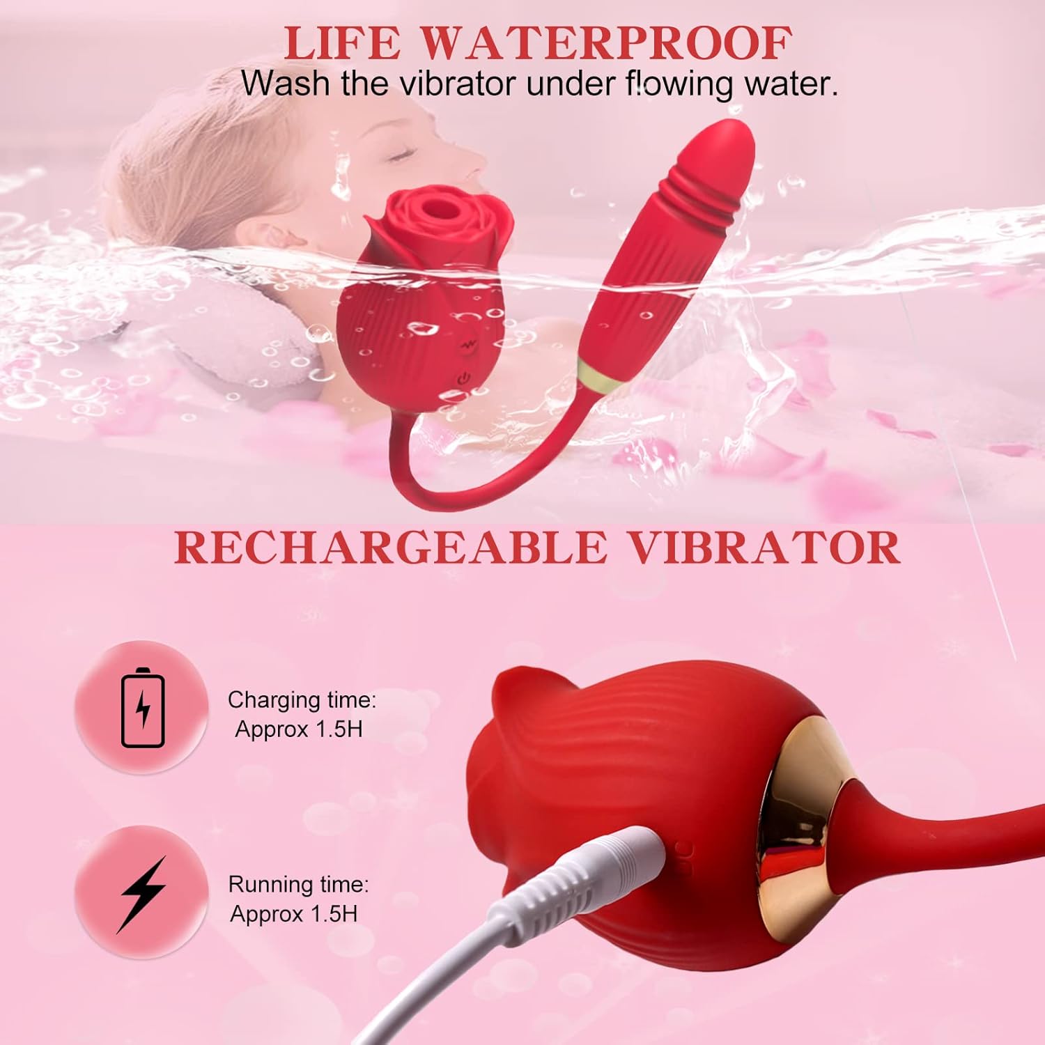 Rose 2in1 Rechargable Vibrators Sucking and Thrusting Up Down Dildo For Women - Image 5
