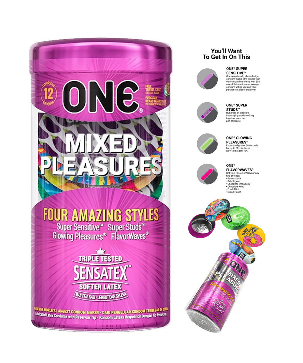 One Mixed Pleasures Natural Latex Condom 12 pcs
